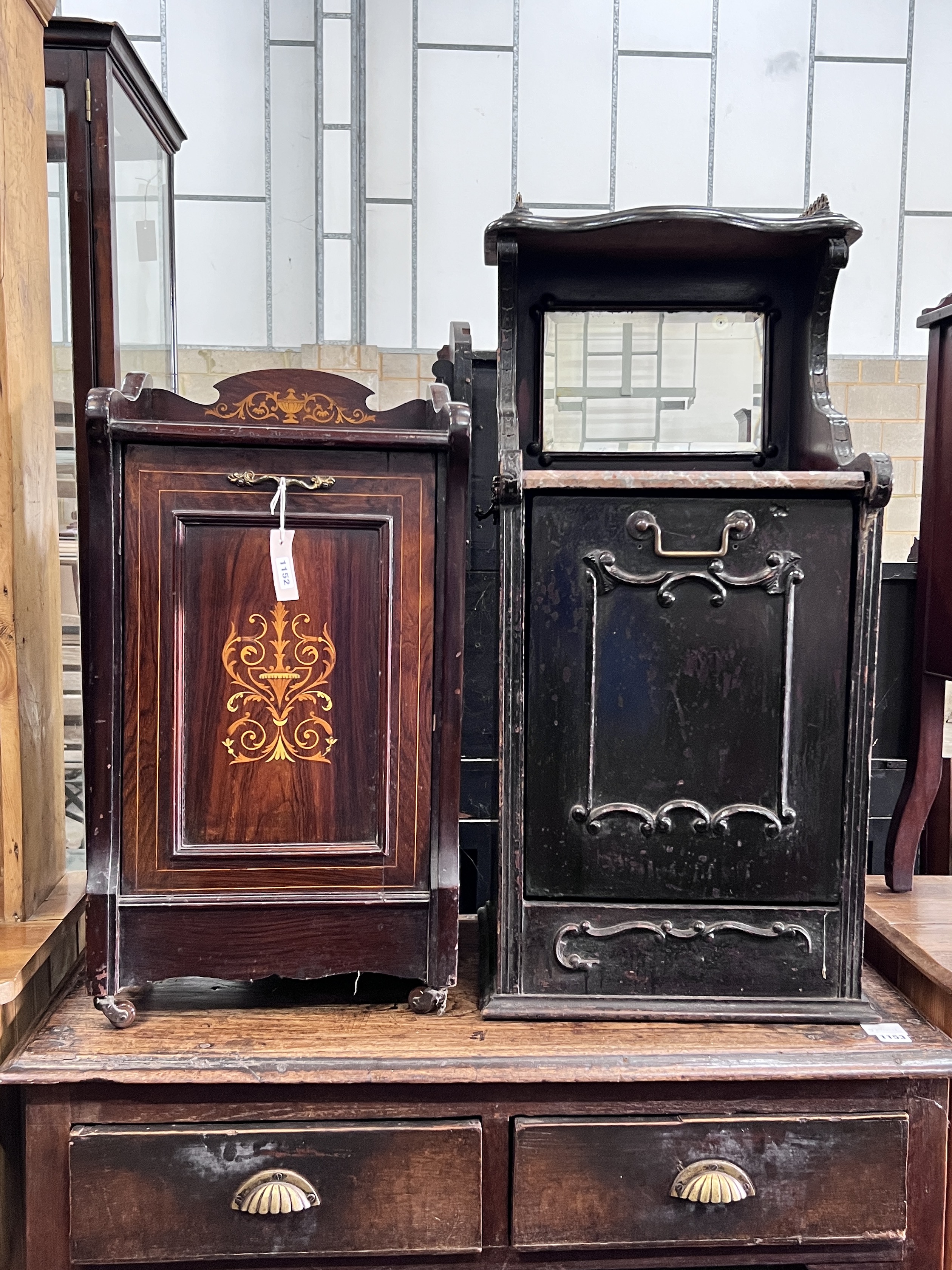 Two Victorian mahogany and rosewood coal purdoniums and a later bedside cabinet, largest width 39cm, depth 35cm, height 90cm